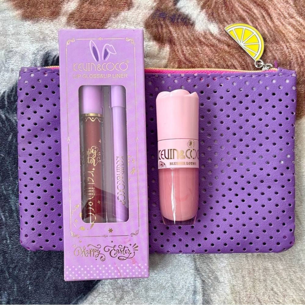 Brand New KEVIN & COCO Blusher Lotion Peach Lotus & Red Lip Gloss Lip Liner Set
